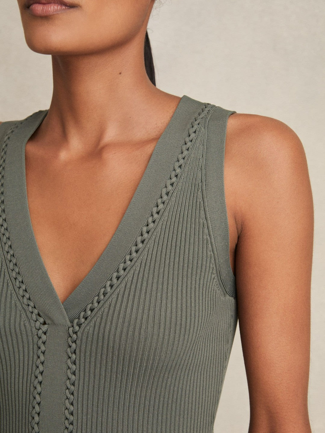 Reiss Craft-Stitch Rib-Knit Vest in Khaki Green