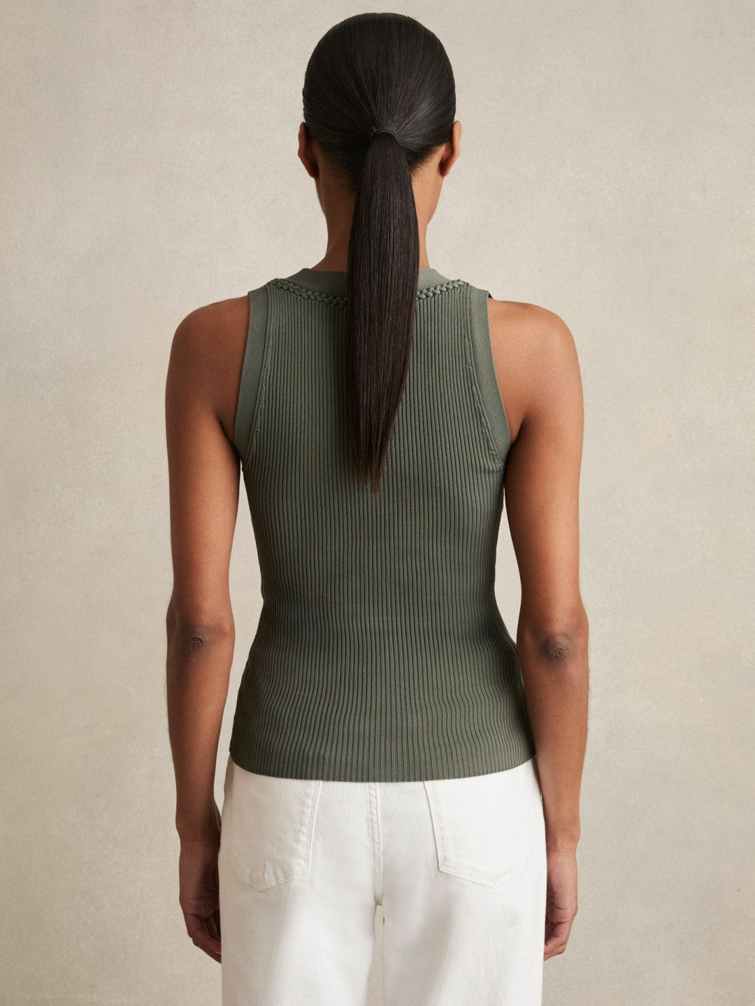 Reiss Craft-Stitch Rib-Knit Vest in Khaki Green