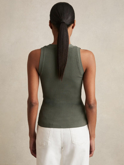 Reiss Craft-Stitch Rib-Knit Vest in Khaki Green