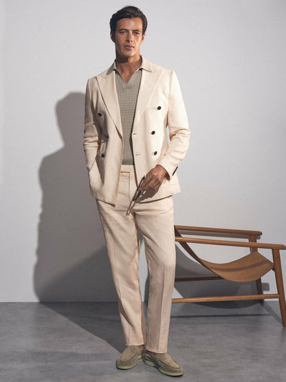 Reiss Linen Double-Breasted Suit Slim-Fit Blazer in Stone