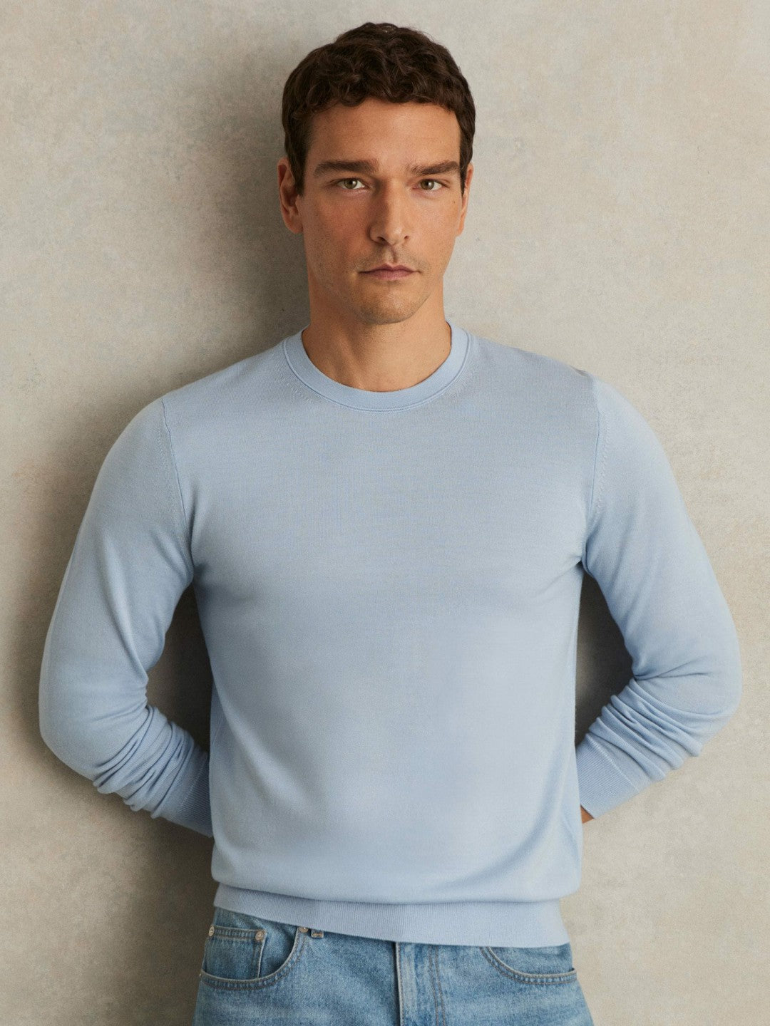 Reiss Merino Wool Crew Neck Jumper in Soft Blue