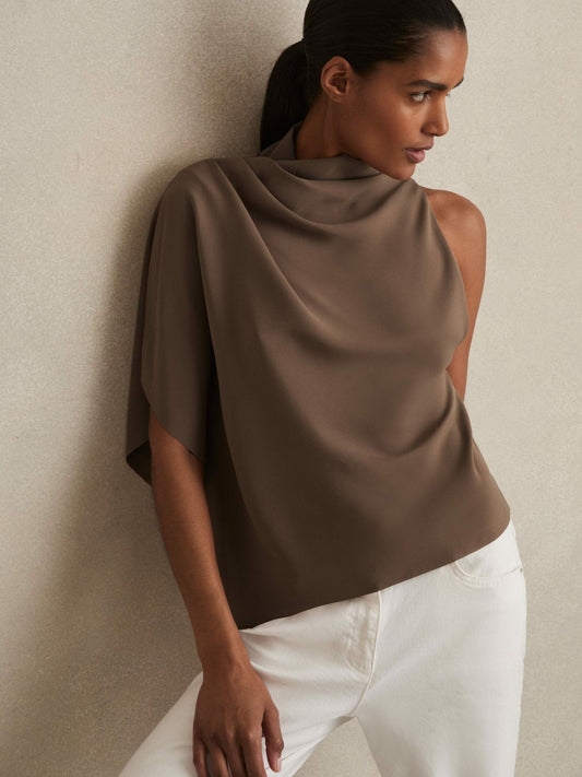 Reiss One-Shoulder Draped Top in Mink