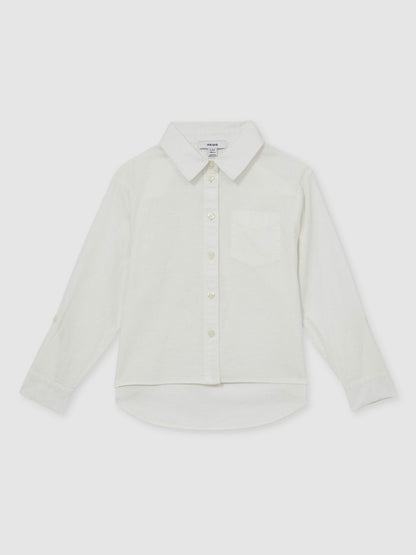 Reiss 13-14 yrs Linen Roll-Cuff Shirt in Ivory