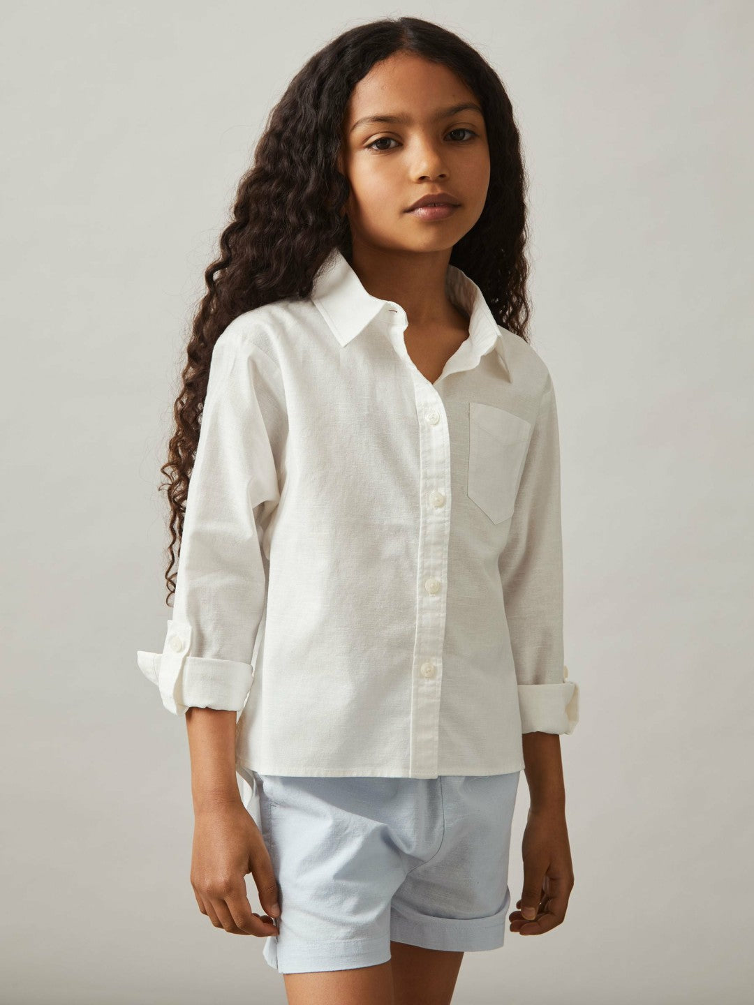 Reiss 13-14 yrs Linen Roll-Cuff Shirt in Ivory