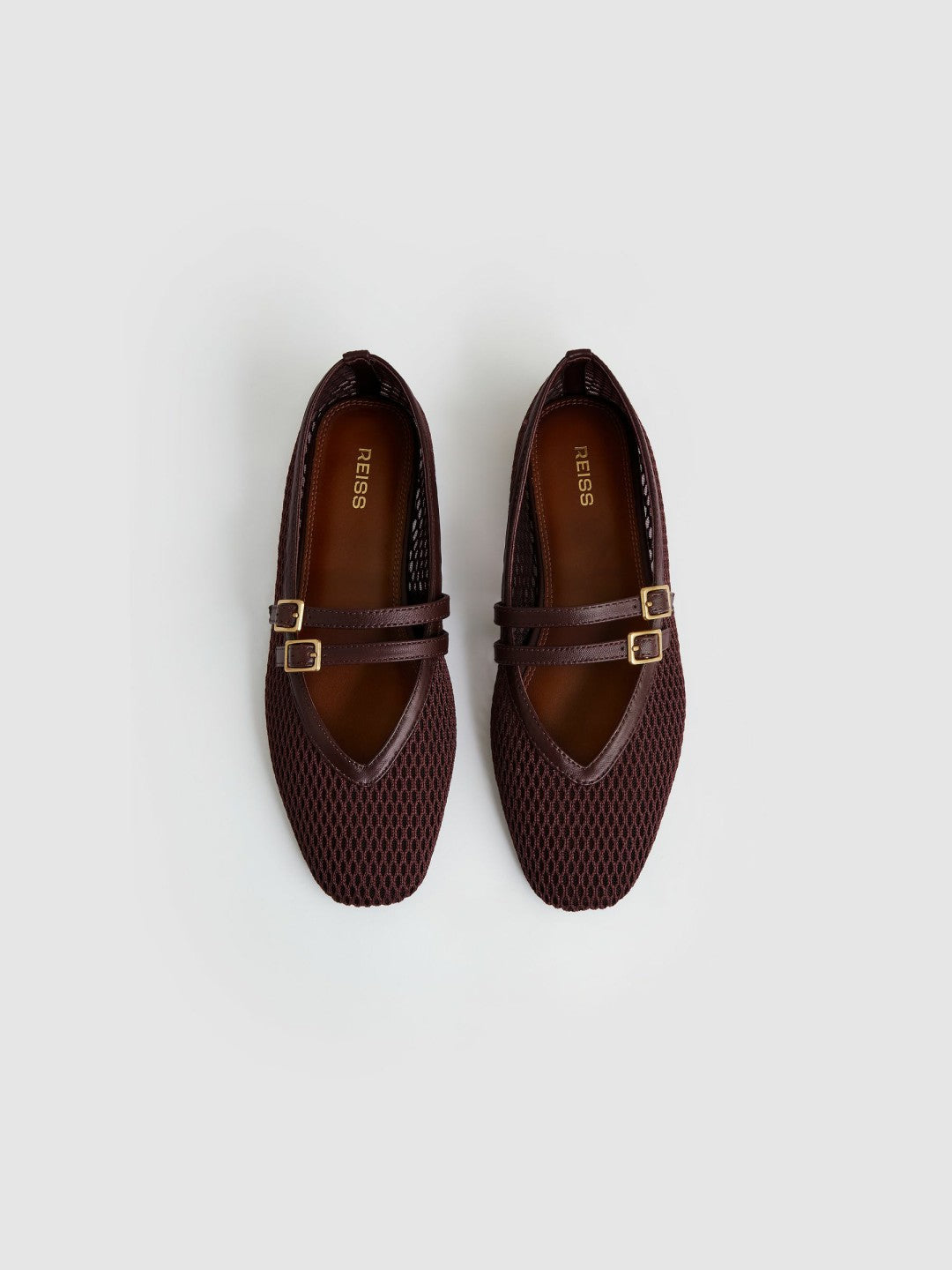 Reiss Mesh Double-Strap Ballet Flats in Oxblood
