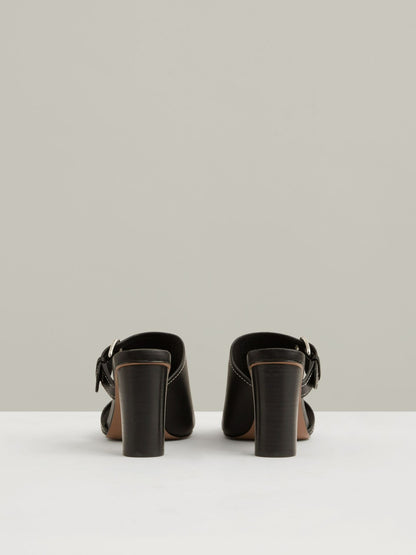 Reiss Leather Buckle Block-Heel Sandals in Black