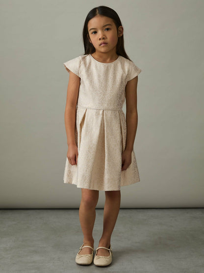 Reiss 13-14 yrs Brocade Cap-Sleeve Pleated Dress in Ivory