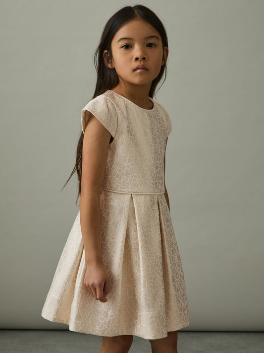 Reiss 4-9 yrs Brocade Cap-Sleeve Pleated Dress in Ivory