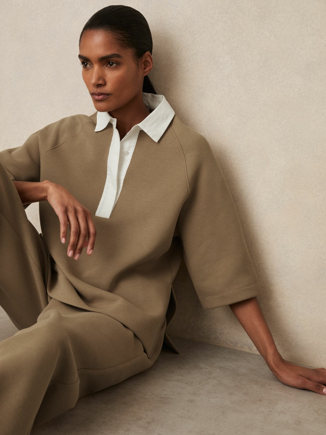Reiss Cotton-Blend Interlock Collar Sweatshirt in Camel
