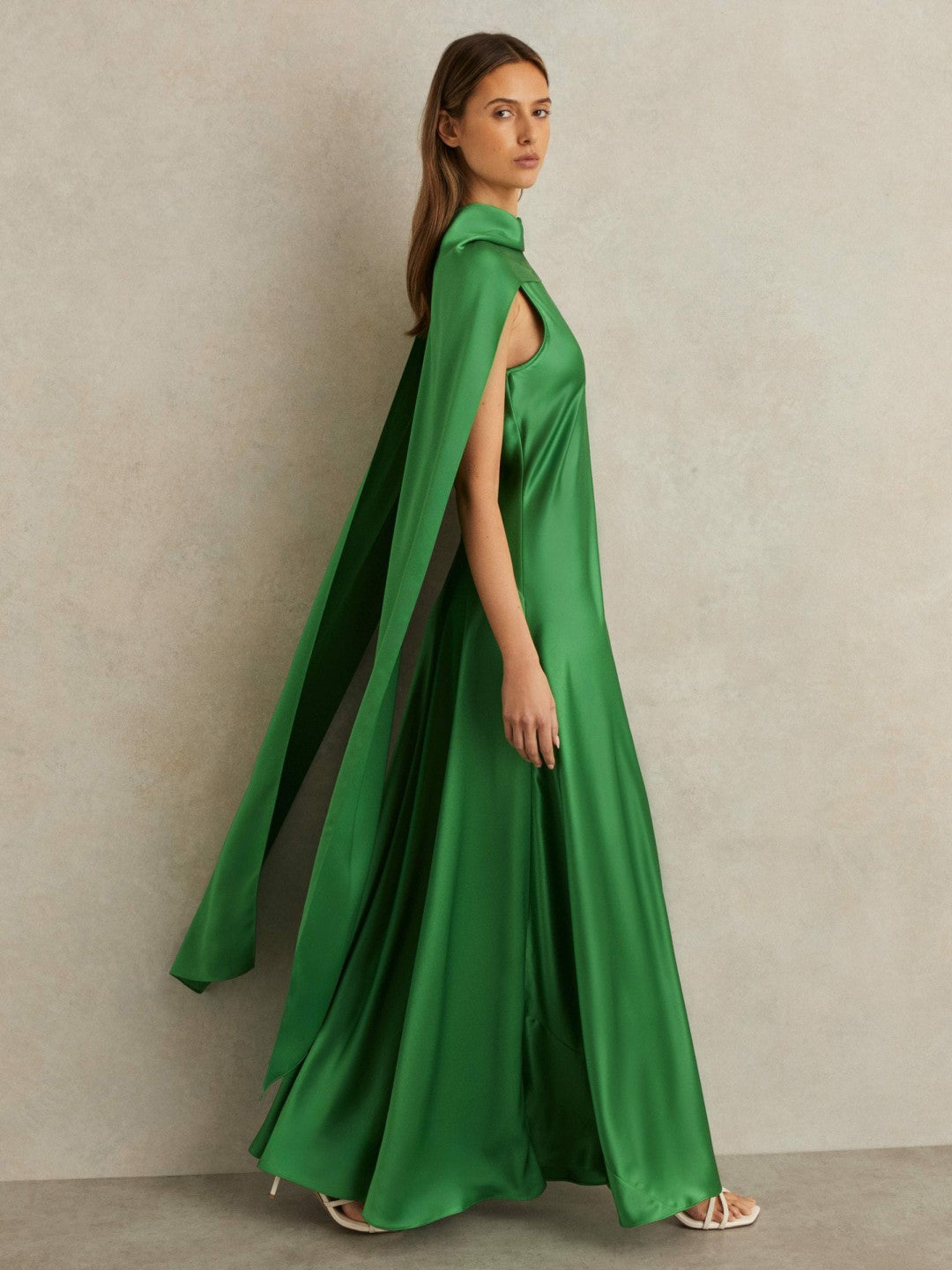 Reiss Petite Satin Cape Maxi Dress in Green