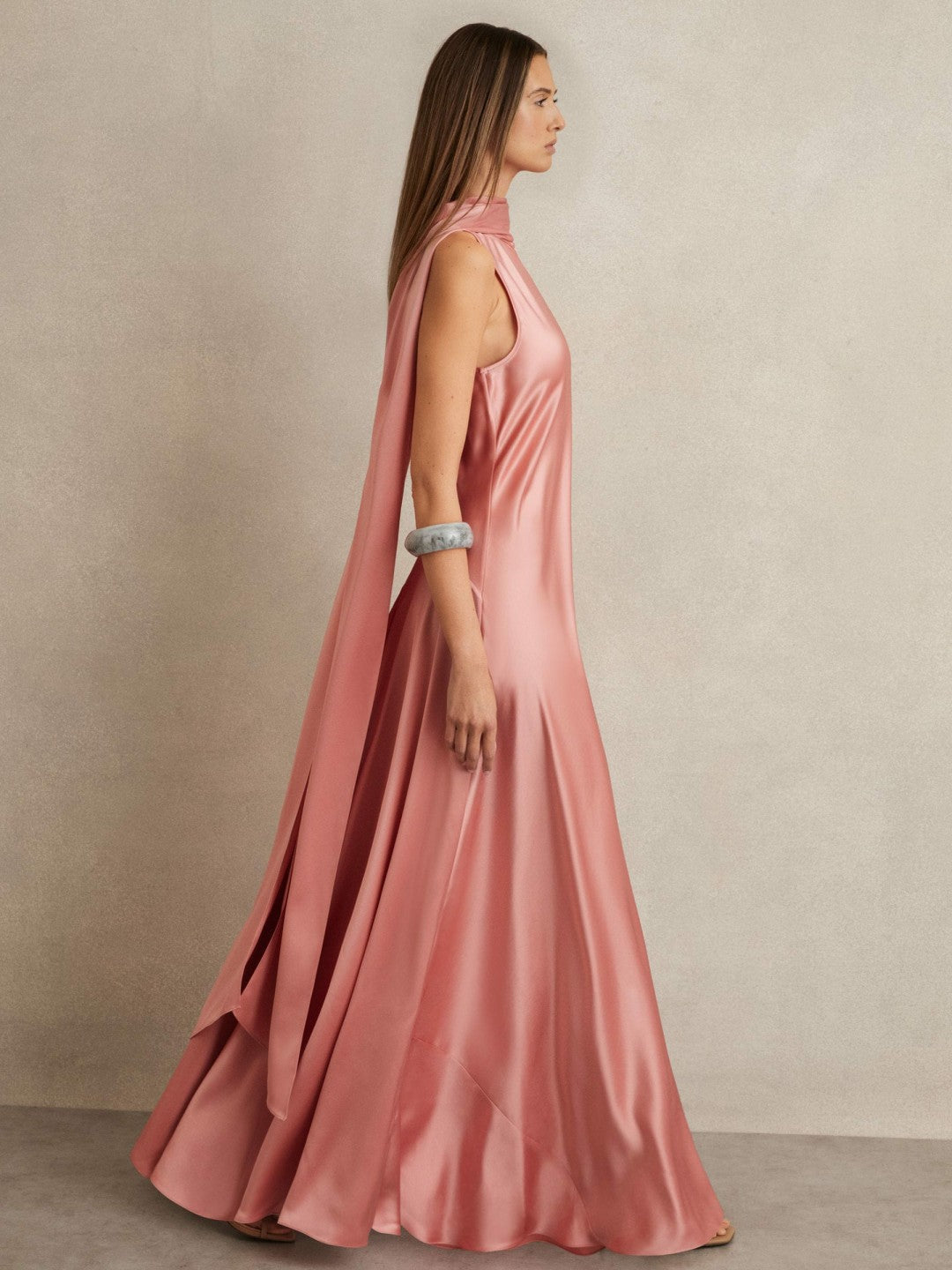 Reiss Petite Satin Cape Maxi Dress in Pink