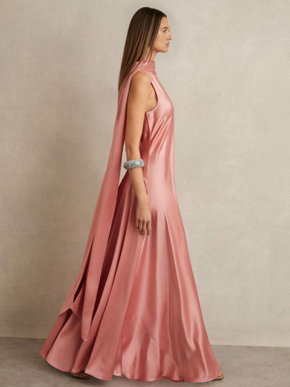 Reiss Petite Satin Cape Maxi Dress in Pink