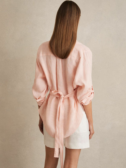 Reiss Linen Tie-Back Shirt in Pale Pink
