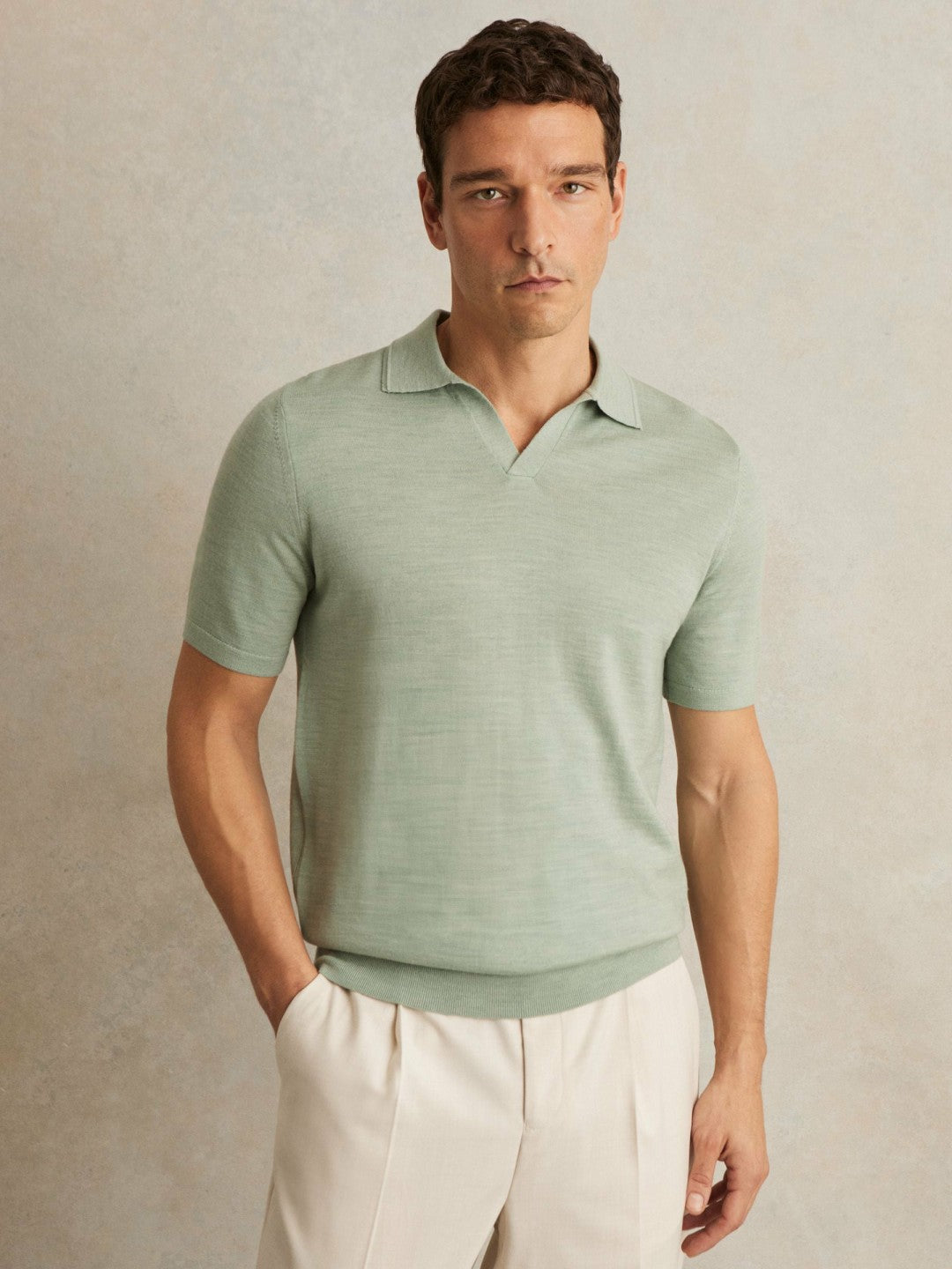 Reiss Merino Wool Open Collar Polo Shirt in Sage Green Melange