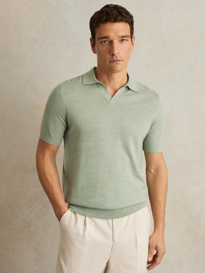 Reiss Merino Wool Open Collar Polo Shirt in Sage Green Melange