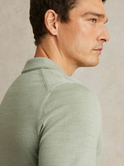 Reiss Merino Wool Open Collar Polo Shirt in Sage Green Melange