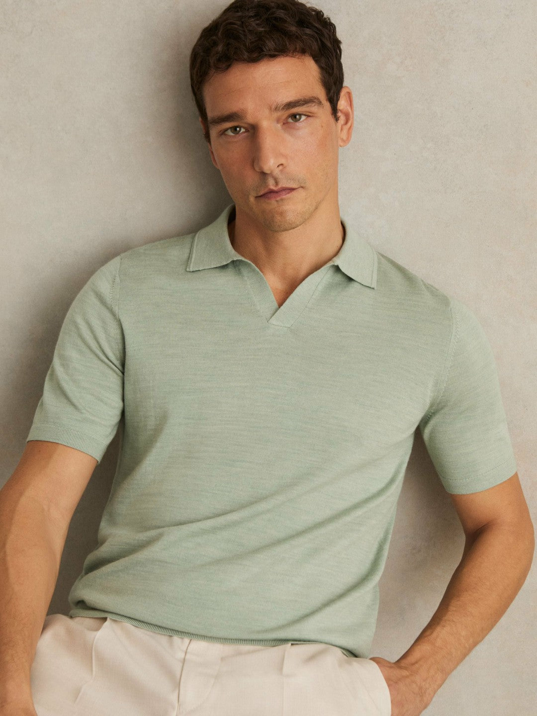 Reiss Merino Wool Open Collar Polo Shirt in Sage Green Melange
