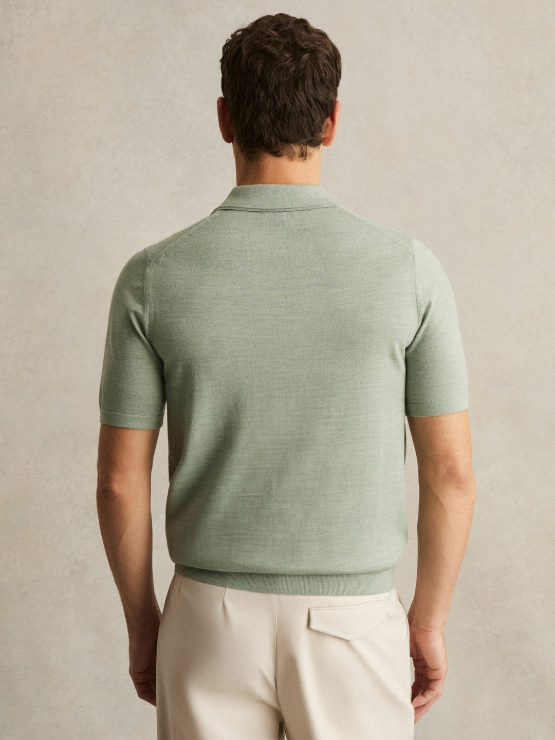 Reiss Merino Wool Open Collar Polo Shirt in Sage Green Melange