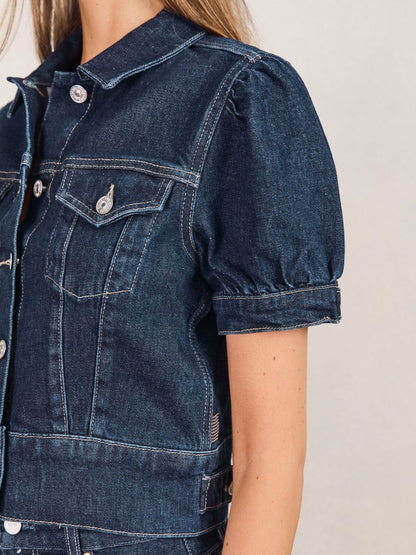 Reiss Paige Puff-Sleeve Short Denim Jacket in Emberlynn Blue