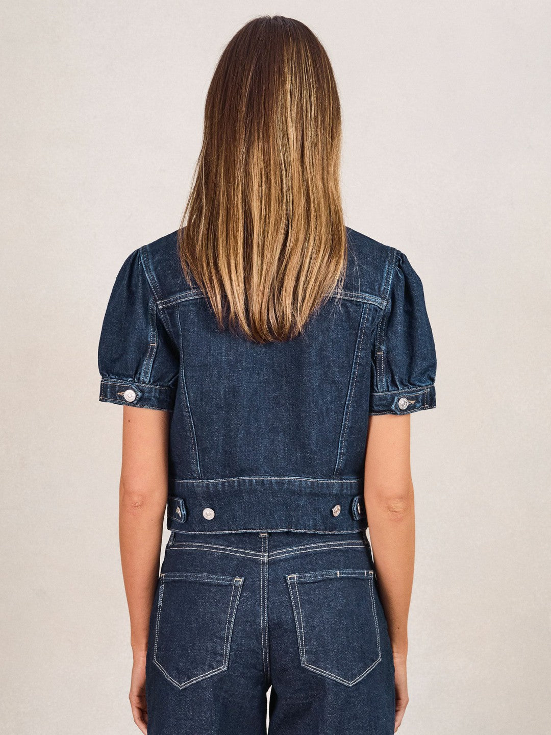 Reiss Paige Puff-Sleeve Short Denim Jacket in Emberlynn Blue