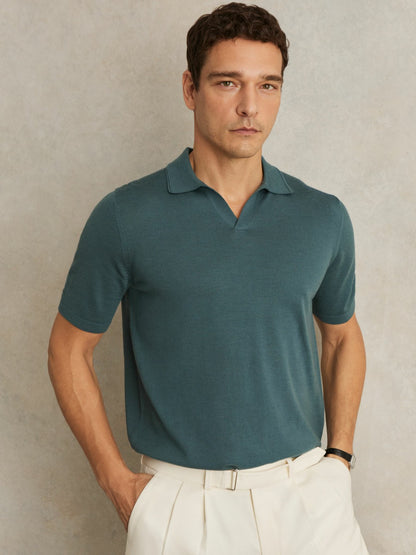 Reiss Merino Wool Open Collar Polo Shirt in Orion Blue
