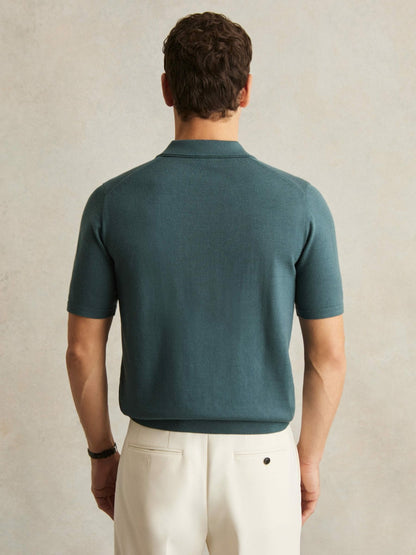 Reiss Merino Wool Open Collar Polo Shirt in Orion Blue