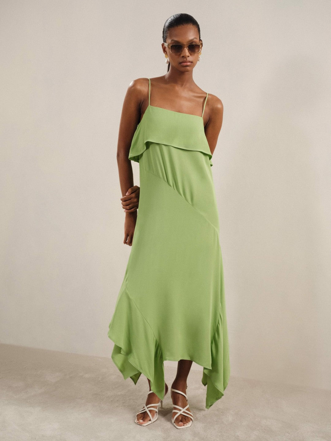 Reiss Ruffle-Detail Midi Dress in Green