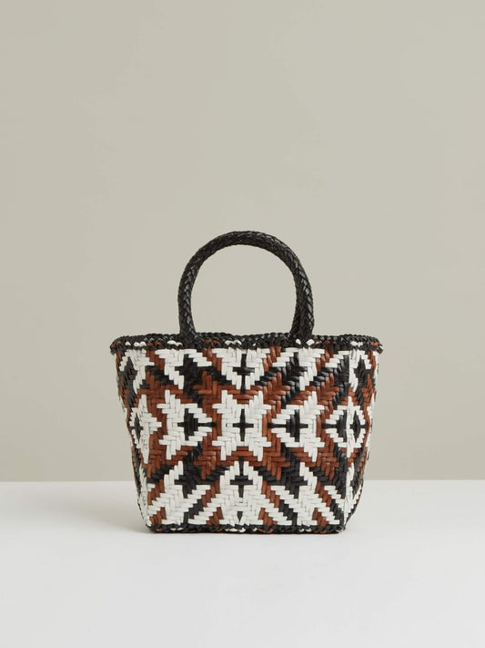 Reiss Small Leather Woven Tote Bag in Tan/White/Black