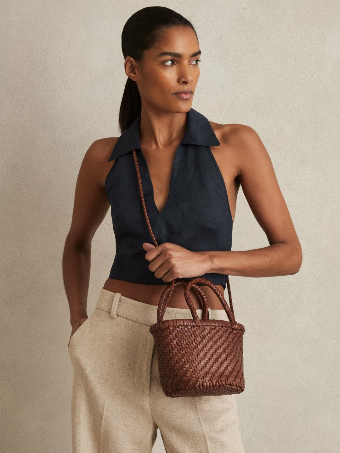 Reiss Leather Woven Mini Tote Bag in Tan