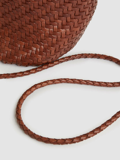 Reiss Leather Woven Mini Tote Bag in Tan