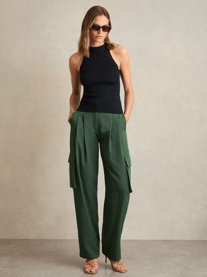 Reiss Wide-Leg Pleated Cargo Trousers in Green