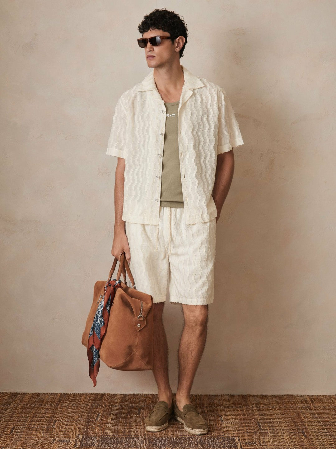 Reiss | Ché Fringed-Wave Shorts in Off White