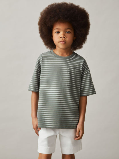 Reiss 9-13 yrs Cotton-Blend Stripe T-Shirt in Sage/White