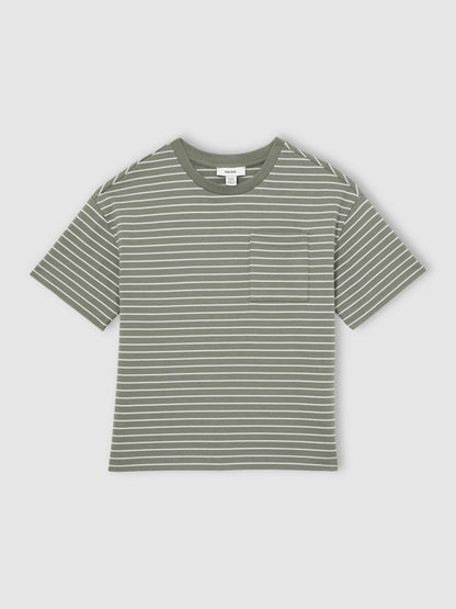 Reiss 9-13 yrs Cotton-Blend Stripe T-Shirt in Sage/White