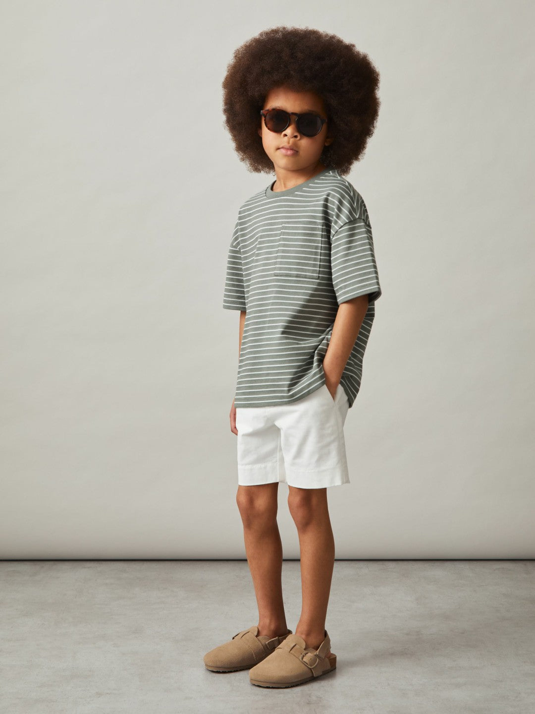 Reiss 9-13 yrs Cotton-Blend Stripe T-Shirt in Sage/White
