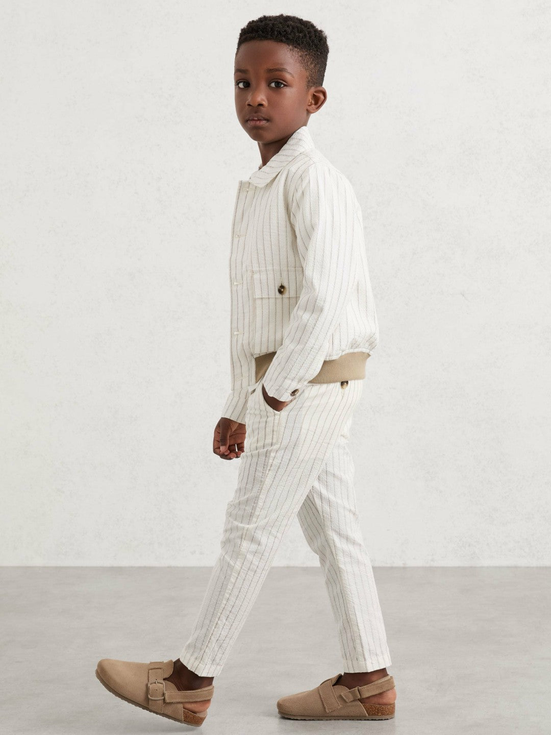 Reiss 13-14 yrs Cotton Pinstripe Trousers Regular-Fit in Off White/Taupe Brown