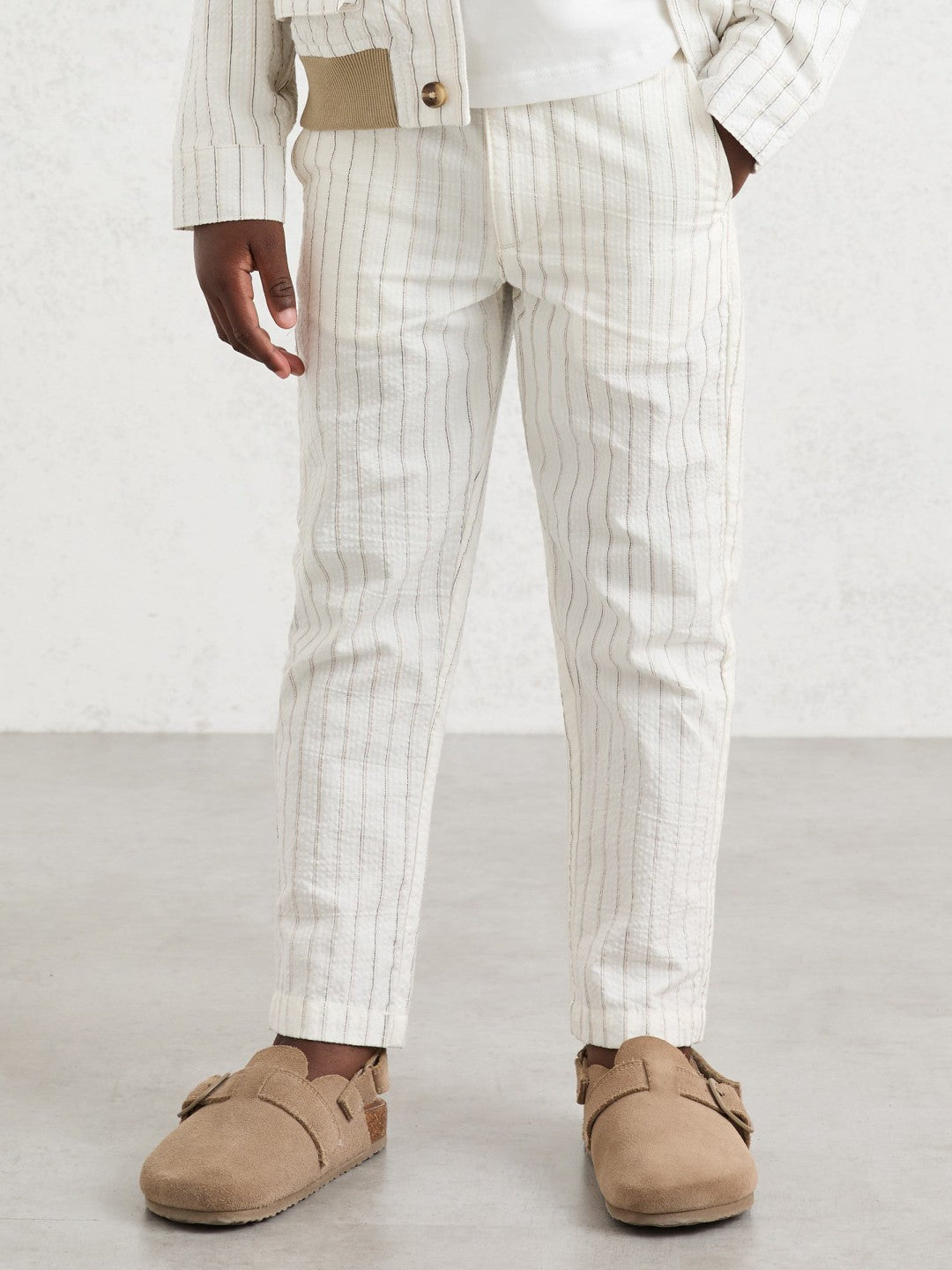 Reiss 13-14 yrs Cotton Pinstripe Trousers Regular-Fit in Off White/Taupe Brown