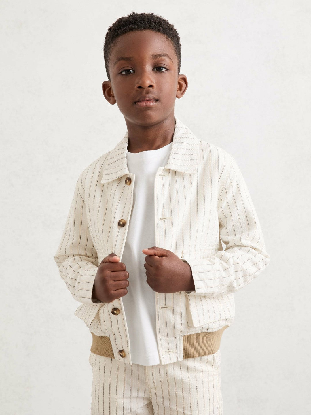 Reiss 13-14 yrs Cotton Pinstripe Harrington Jacket in Off White/Taupe Brown
