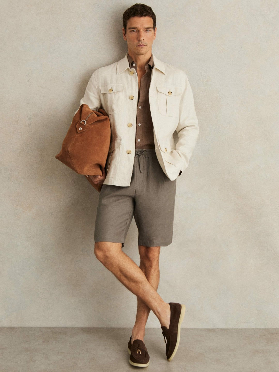 Reiss Linen Drawstring Shorts in Mushroom Brown