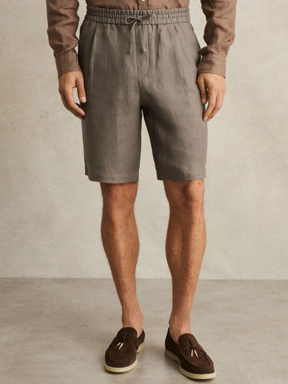 Reiss Linen Drawstring Shorts in Mushroom Brown