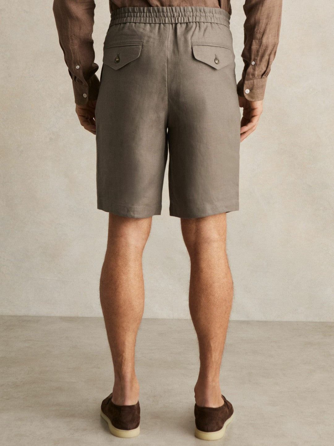 Reiss Linen Drawstring Shorts in Mushroom Brown