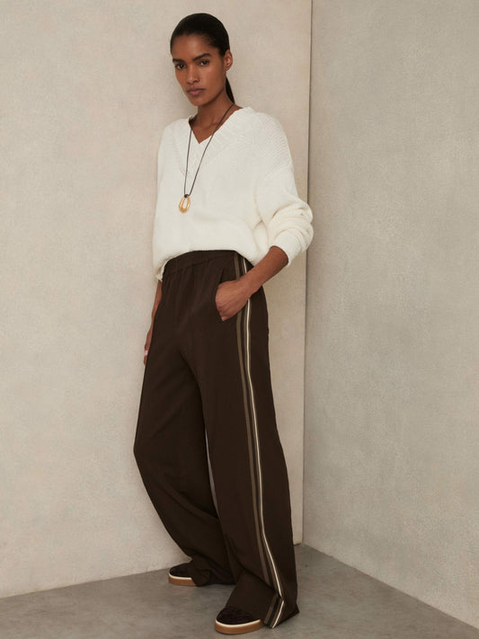 Reiss Side-Stripe Wide-Leg Trousers in Chocolate Brown