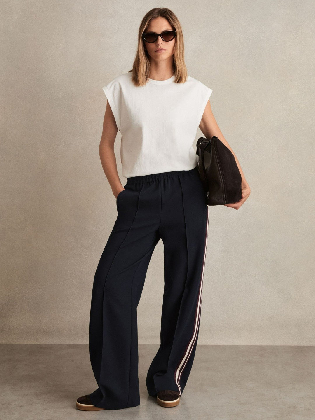 Reiss Side-Stripe Wide-Leg Trousers in Navy