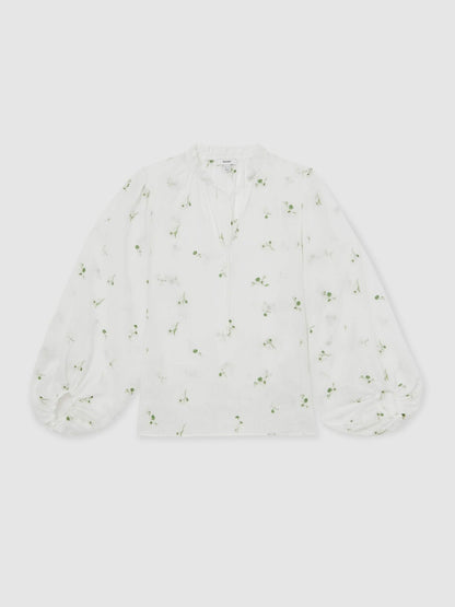 Reiss Floral-Embroidered Tie-Neck Blouse Ramie-Lyocell in Ivory