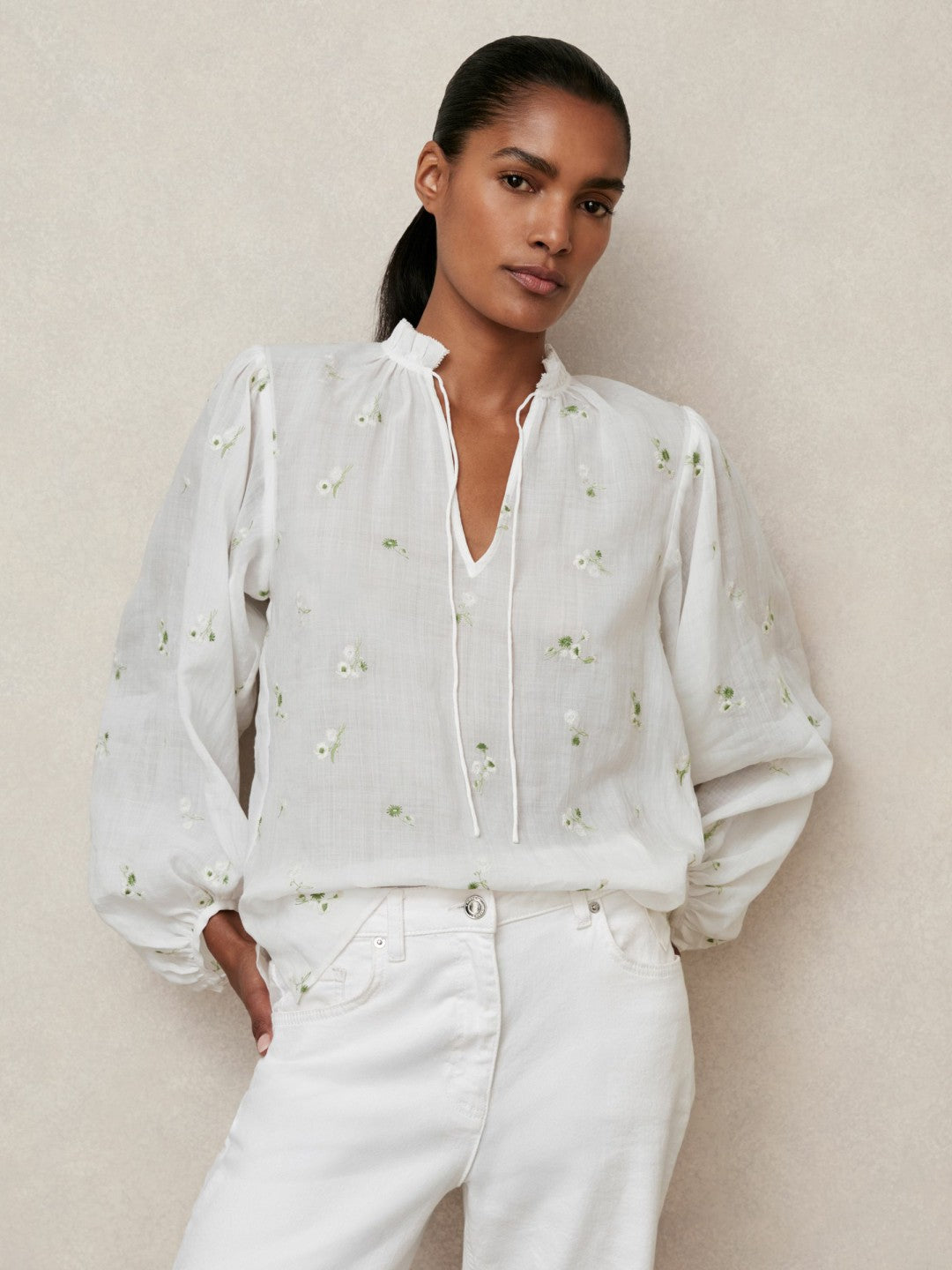 Reiss Floral-Embroidered Tie-Neck Blouse Ramie-Lyocell in Ivory