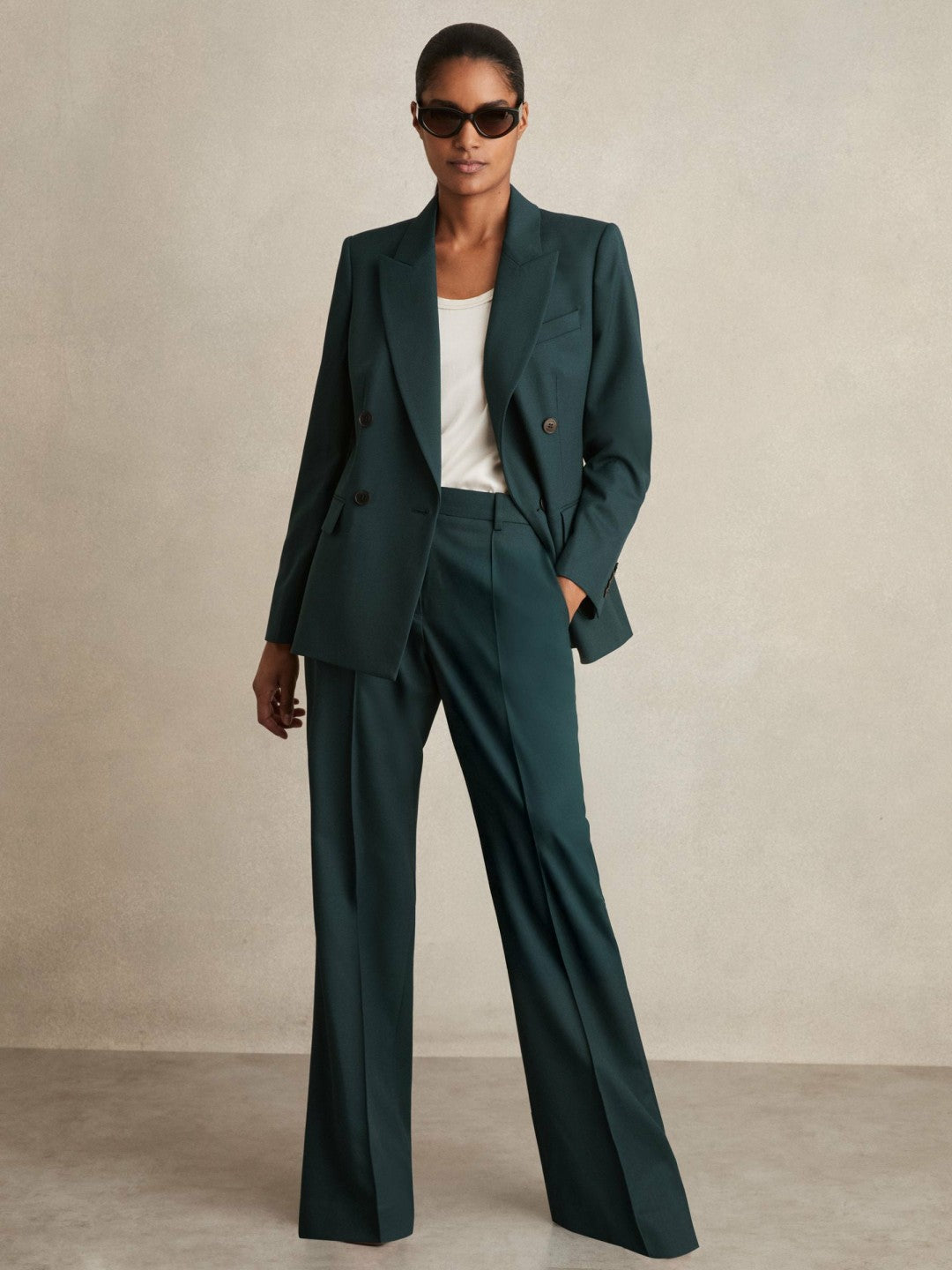 Reiss Petite Wool-Blend Wide-Leg Suit Trousers in Green