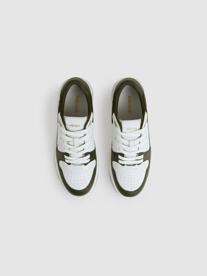 Reiss Leather Panelled Trainers in Khaki/White
