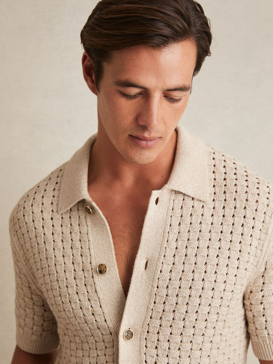 Reiss Basketweave Knit Button Through Cotton Blend Shirt in Stone