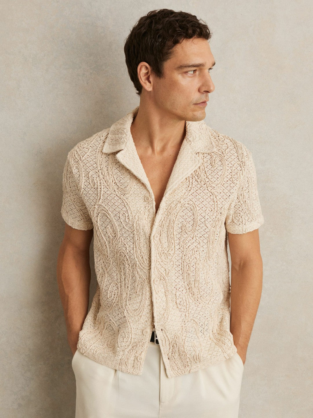 Reiss Cotton-Blend Embroidered Crochet Shirt in Oatmeal