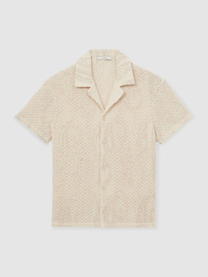 Reiss Cotton-Blend Embroidered Crochet Shirt in Oatmeal